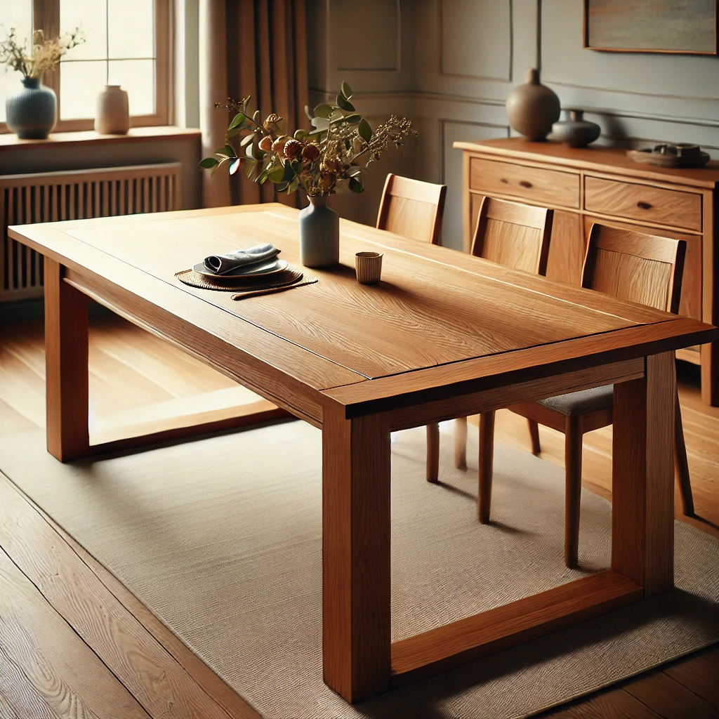 A well-lit dining room featuring a rectangular wooden table with clean, minimalist lines. The table is set with a simple arrangement: a woven placemat with a folded napkin and a small cup on top. A vase filled with dried flowers adds a decorative touch to the table. Surrounding the table are matching wooden chairs, and in the background, there is a sideboard with additional decorative items, enhancing the warm, cozy atmosphere of the room.